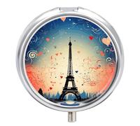 Round Pill Case Small Pill Box with Mirror Pocket 3 Compartment Paris Pattern Medicine Case Organizer Pills Containers for Traveling Purse & Pocket
