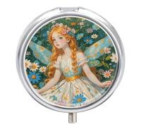 Round Pill Case Small Pill Box with Mirror Pocket 3 Compartment Pfhorn Flower Fairy Medicine Case Organizer Pills Containers for Traveling Purse & Pocket