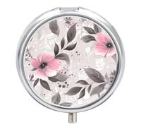 Round Pill Case Small Pill Box with Mirror Pocket 3 Compartment Pink Flowers and Leaves on Gray Medicine Case Organizer Pills Containers for Traveling Purse & Pocket