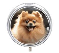 Round Pill Case Small Pill Box with Mirror Pocket 3 Compartment Pomeranian Dog Medicine Case Organizer Pills Containers for Traveling Purse & Pocket