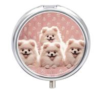 Round Pill Case Small Pill Box with Mirror Pocket 3 Compartment Pomeranians Puppies Medicine Case Organizer Pills Containers for Traveling Purse & Pocket