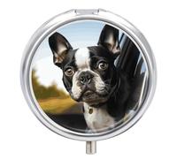 Round Pill Case Small Pill Box with Mirror Pocket 3 Compartment Puppy Dog Boston Terrier Medicine Case Organizer Pills Containers for Traveling Purse & Pocket