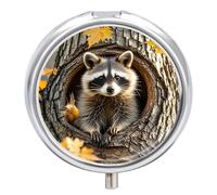Round Pill Case Small Pill Box with Mirror Pocket 3 Compartment Raccoon in The Fall Tree Hole Medicine Case Organizer Pills Containers for Traveling Purse & Pocket