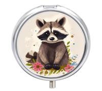 Round Pill Case Small Pill Box with Mirror Pocket 3 Compartment Raccoon Medicine Case Organizer Pills Containers for Traveling Purse & Pocket
