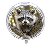 Round Pill Case Small Pill Box with Mirror Pocket 3 Compartment Raccoon Medicine Case Organizer Pills Containers for Traveling Purse & Pocket