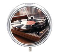 Round Pill Case Small Pill Box with Mirror Pocket 3 Compartment Record Player Medicine Case Organizer Pills Containers for Traveling Purse & Pocket