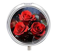 Round Pill Case Small Pill Box with Mirror Pocket 3 Compartment Romantic Red Roses Medicine Case Organizer Pills Containers for Traveling Purse & Pocket