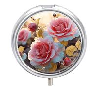 Round Pill Case Small Pill Box with Mirror Pocket 3 Compartment Rose Flower Wildflowers Medicine Case Organizer Pills Containers for Traveling Purse & Pocket