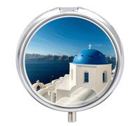 Round Pill Case Small Pill Box with Mirror Pocket 3 Compartment Santorini Greek Island Sea View Medicine Case Organizer Pills Containers for Traveling Purse & Pocket