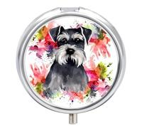 Round Pill Case Small Pill Box with Mirror Pocket 3 Compartment Schnauzer Medicine Case Organizer Pills Containers for Traveling Purse & Pocket