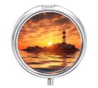 Round Pill Case Small Pill Box with Mirror Pocket 3 Compartment Sea Lighthouse in Sunset Medicine Case Organizer Pills Containers for Traveling Purse & Pocket