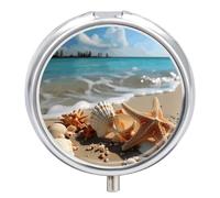 Round Pill Case Small Pill Box with Mirror Pocket 3 Compartment Seashells Starfish on Beach Medicine Case Organizer Pills Containers for Traveling Purse & Pocket