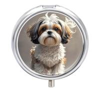 Round Pill Case Small Pill Box with Mirror Pocket 3 Compartment Shih Tzu Dog Medicine Case Organizer Pills Containers for Traveling Purse & Pocket