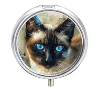 Round Pill Case Small Pill Box with Mirror Pocket 3 Compartment Siamese Cat Art Medicine Case Organizer Pills Containers for Traveling Purse & Pocket