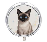 Round Pill Case Small Pill Box with Mirror Pocket 3 Compartment Siamese Cat Art Medicine Case Organizer Pills Containers for Traveling Purse & Pocket