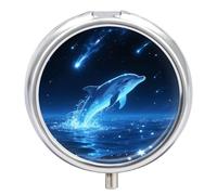 Round Pill Case Small Pill Box with Mirror Pocket 3 Compartment Star - Swimming Dolphin Medicine Case Organizer Pills Containers for Traveling Purse & Pocket