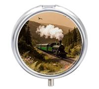 Round Pill Case Small Pill Box with Mirror Pocket 3 Compartment Steam Car in The Woods Medicine Case Organizer Pills Containers for Traveling Purse & Pocket