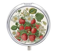 Round Pill Case Small Pill Box with Mirror Pocket 3 Compartment Strawberry Embroidery Medicine Case Organizer Pills Containers for Traveling Purse & Pocket