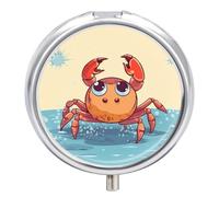 Round Pill Case Small Pill Box with Mirror Pocket 3 Compartment Summer Cartoon Crab Medicine Case Organizer Pills Containers for Traveling Purse & Pocket