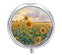 Round Pill Case Small Pill Box with Mirror Pocket 3 Compartment Sunflower Field Medicine Case Organizer Pills Containers for Traveling Purse & Pocket