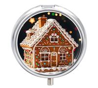 Round Pill Case Small Pill Box with Mirror Pocket 3 Compartment Sweet Gingerbread House Medicine Case Organizer Pills Containers for Traveling Purse & Pocket