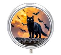 Round Pill Case Small Pill Box with Mirror Pocket 3 Compartment The Black Cat is Pacing on The Roof Medicine Case Organizer Pills Containers for Traveling Purse & Pocket