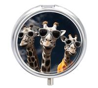 Round Pill Case Small Pill Box with Mirror Pocket 3 Compartment Three Giraffes Wearing Sunglasses Medicine Case Organizer Pills Containers for Traveling Purse & Pocket