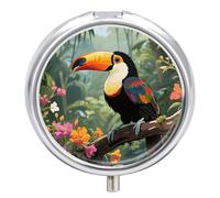 Round Pill Case Small Pill Box with Mirror Pocket 3 Compartment Toucan in The Rainforest Medicine Case Organizer Pills Containers for Traveling Purse & Pocket