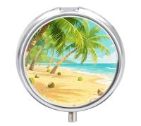 Round Pill Case Small Pill Box with Mirror Pocket 3 Compartment Tropical Beach Medicine Case Organizer Pills Containers for Traveling Purse & Pocket