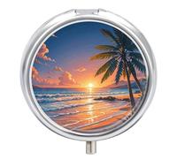 Round Pill Case Small Pill Box with Mirror Pocket 3 Compartment Tropical Beach Palm Tree Medicine Case Organizer Pills Containers for Traveling Purse & Pocket
