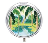 Round Pill Case Small Pill Box with Mirror Pocket 3 Compartment Tropical Palm Tree Medicine Case Organizer Pills Containers for Traveling Purse & Pocket