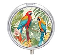Round Pill Case Small Pill Box with Mirror Pocket 3 Compartment Tropical Plants and Parrots Medicine Case Organizer Pills Containers for Traveling Purse & Pocket