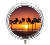 Round Pill Case Small Pill Box with Mirror Pocket 3 Compartment Tropical Sunset Beach Medicine Case Organizer Pills Containers for Traveling Purse & Pocket
