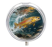 Round Pill Case Small Pill Box with Mirror Pocket 3 Compartment Trout in The Water Medicine Case Organizer Pills Containers for Traveling Purse & Pocket