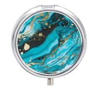 Round Pill Case Small Pill Box with Mirror Pocket 3 Compartment Turquoise Blue Gold Marble Medicine Case Organizer Pills Containers for Traveling Purse & Pocket