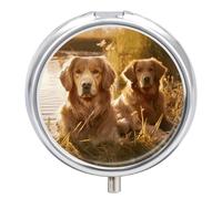 Round Pill Case Small Pill Box with Mirror Pocket 3 Compartment Two Golden Retrievers Medicine Case Organizer Pills Containers for Traveling Purse & Pocket