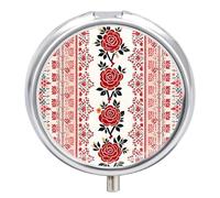 Round Pill Case Small Pill Box with Mirror Pocket 3 Compartment Ukrainian Embroidery Style Rose Medicine Case Organizer Pills Containers for Traveling Purse & Pocket