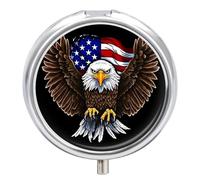 Round Pill Case Small Pill Box with Mirror Pocket 3 Compartment USA Flag Patriotic Eagle Medicine Case Organizer Pills Containers for Traveling Purse & Pocket