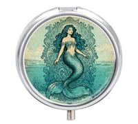 Round Pill Case Small Pill Box with Mirror Pocket 3 Compartment Vintage Mermaid Art Medicine Case Organizer Pills Containers for Traveling Purse & Pocket