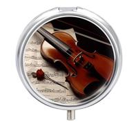 Round Pill Case Small Pill Box with Mirror Pocket 3 Compartment Violin Sheet Music Medicine Case Organizer Pills Containers for Traveling Purse & Pocket