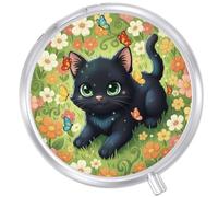 Round Pill Case Small Pill Box with Mirror Pocket 3 Compartment Vitamin Pill Medicine Case Organizer Pill Containers for Traveling Garden Cute Black Cat