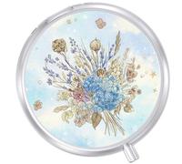 Round Pill Case Small Pill Box with Mirror Pocket 3 Compartment Vitamin Pill Medicine Case Organizer Pill Containers for Traveling Blue Dried Flowers