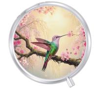 Round Pill Case Small Pill Box with Mirror Pocket 3 Compartment Vitamin Pill Medicine Case Organizer Pill Containers for Traveling Hummingbird Cherry Blossom