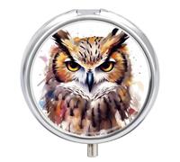 Round Pill Case Small Pill Box with Mirror Pocket 3 Compartment Watercolor Cool Owl Head Medicine Case Organizer Pills Containers for Traveling Purse & Pocket