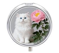 Round Pill Case Small Pill Box with Mirror Pocket 3 Compartment White Cat and Peonies_ Medicine Case Organizer Pills Containers for Traveling Purse & Pocket