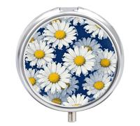 Round Pill Case Small Pill Box with Mirror Pocket 3 Compartment White Daisies on Blue Medicine Case Organizer Pills Containers for Traveling Purse & Pocket