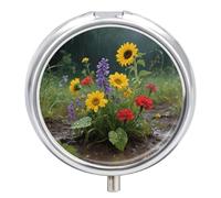 Round Pill Case Small Pill Box with Mirror Pocket 3 Compartment Wildflowers Floral Medicine Case Organizer Pills Containers for Traveling Purse & Pocket