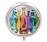 Round Pill Case Small Pill Box with Mirror Pocket 3 Compartment Wine Bottle Art Medicine Case Organizer Pills Containers for Traveling Purse & Pocket