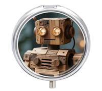 Round Pill Case Small Pill Box with Mirror Pocket 3 Compartment Wooden Robot Medicine Case Organizer Pills Containers for Traveling Purse & Pocket