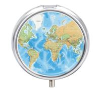 Round Pill Case Small Pill Box with Mirror Pocket 3 Compartment World Map Medicine Case Organizer Pills Containers for Traveling Purse & Pocket